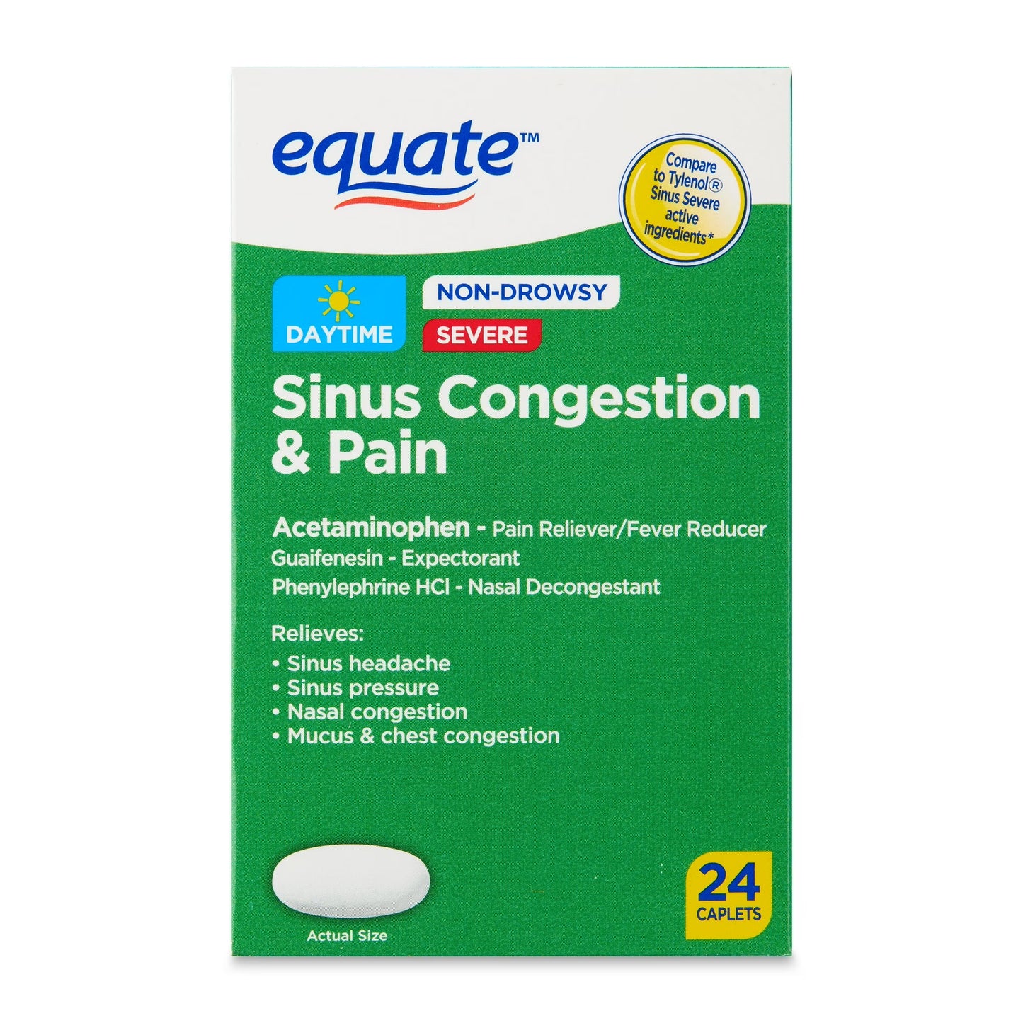 Equate Non-Drowsy Severe Sinus Congestion & Pain Caplets, 24 Count
